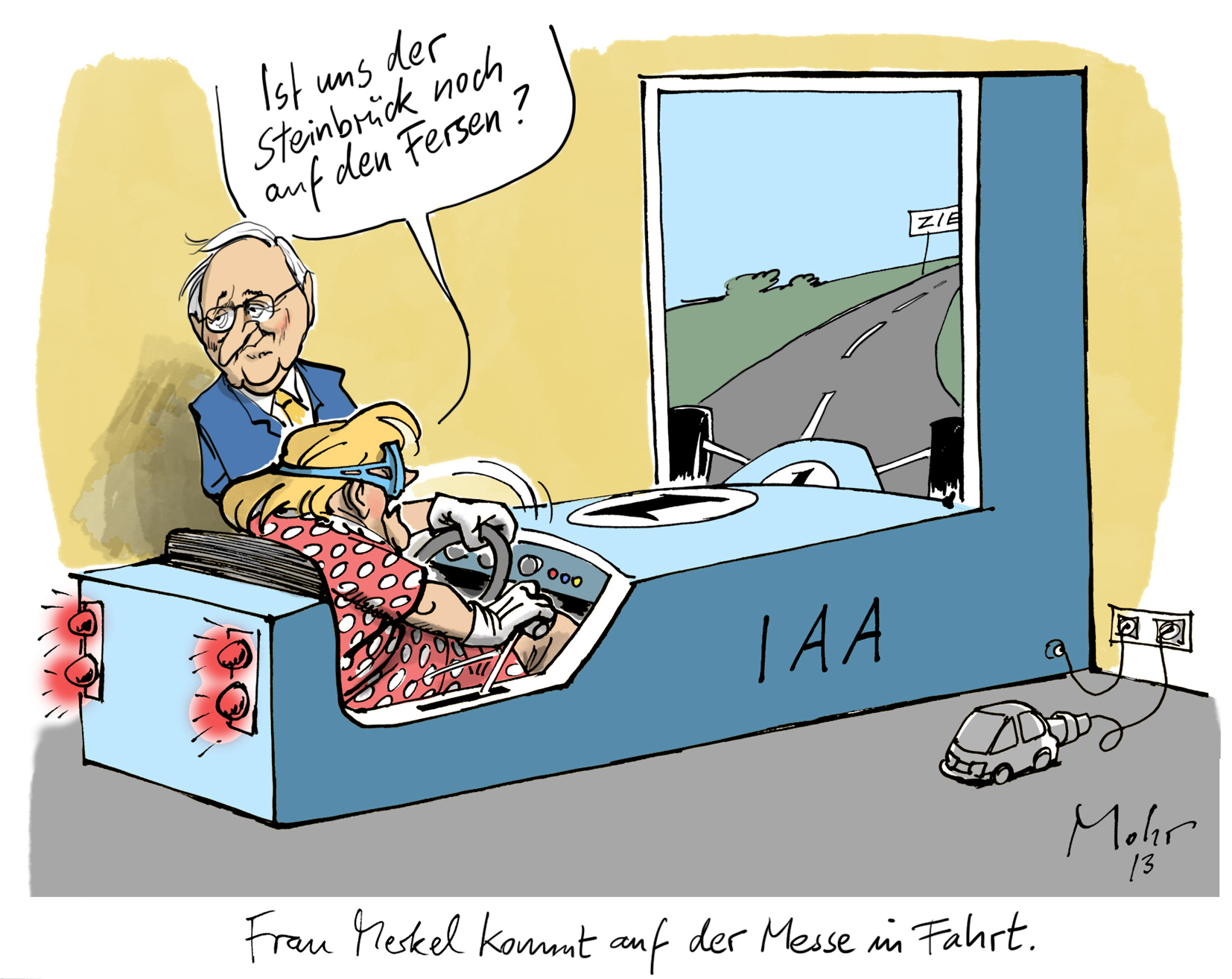 Frau Merkel kommt auf der Messe in Fahrt.